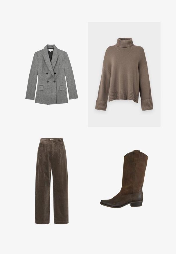 Grå dobbeltradet ternet blazer med hakrevers, sorte knapper, klaplommer og sort inderfor, størrelse medium.; Taupe løst fit ribbestrikket sweater med brede manchetter og en tykk rullet høj krave.; Brune corduroy brede benbukser med folder, der har en blød tekstur og en mellemhøj talje. Kantafslutningerne er rene og lige.; Brune suede cowboy støvle med spids tå, mellemhøj skaft og en stablet hæl. Har en subtil syning og en pull tab for nem påtagning.