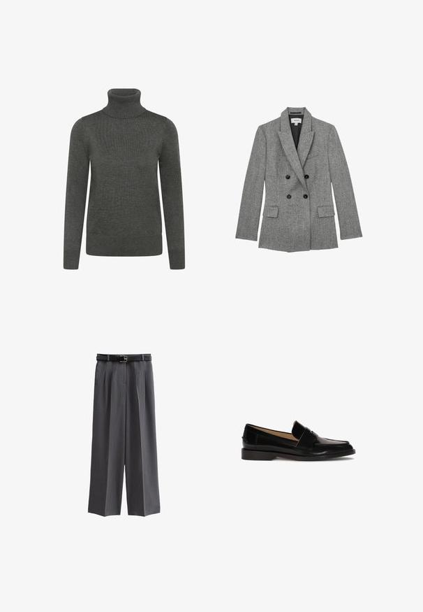 Grå dobbeltradet ternet blazer med hakrevers, sorte knapper, klaplommer og sort inderfor, størrelse medium.; Mørkegrå sweater med rullekrave lavet af strikket stof, med lange ærmer, ribbet krave og manchetter samt en glat tekstur.; Grå brede bukser lavet af struktureret stof, med et sort bælte med en kvadratisk spænde og frontfolder. Lomme med enkel design er inkluderet.; Sorte læder loafers med glat finish, afrundet tå og en dekorativ rem over fronten. Lav blokhælsdesign.