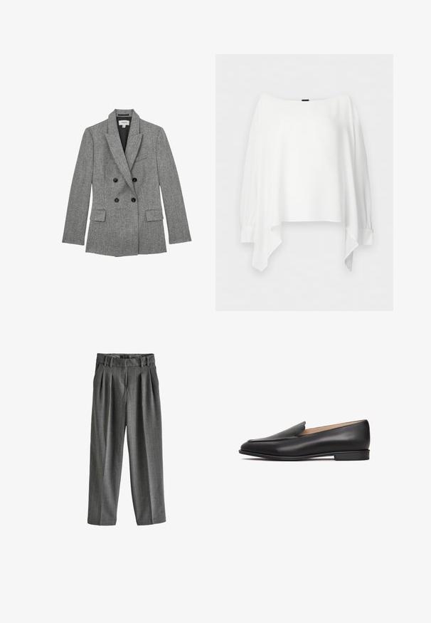 Grå dobbeltradet ternet blazer med hakrevers, sorte knapper, klaplommer og sort inderfor, størrelse medium.; Hvid bluse med lange ærmer, bådudskæring, asymmetrisk kant og brede manchetter, lagt fladt på en hvid baggrund.; Grå vidde bukser lavet af et tekstureret stof med diskrete nålestriber. Har en plisseret front og en talje med bæltestropper.; Sort lædersko med lavprofil, rund tå og diskret tekstur. Glat finish, minimale detaljer og flad sål.