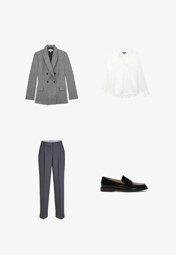 Blazer gris de cuadros con doble botonadura, solapas con muesca, botones negros, bolsillos con solapa y forro interior negro, talla mediana.; Blusa de satén blanca con cuello en V, mangas largas y frente abotonado. Presenta una textura suave y un dobladillo ligeramente curvado.; Pantalones de traje gris oscuro con un diseño de pierna recta, frente plisado y puños doblados. Fabricados con una tela suave, presentan una cinturilla clásica.; Mocasines de cuero negro con un acabado suave, punta redondeada y una correa decorativa en la parte frontal. Diseño de tacón bajo.