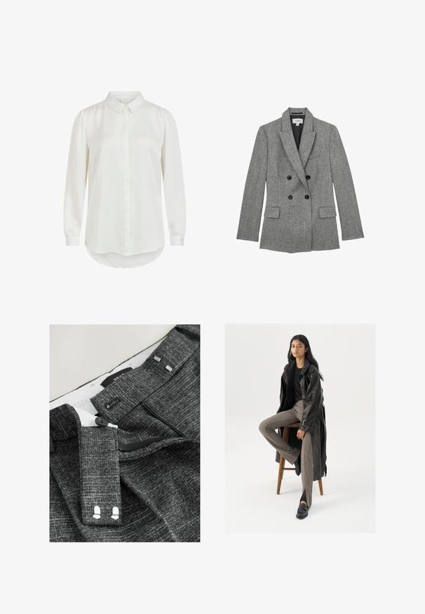 Grijze geruite dubbelgeknoopte blazer met inzette revers, zwarte knopen, klepzakken en zwarte binnenvoering, maat medium.; Witte blouse met lange mouwen en een klassieke kraag, met een gladde textuur en knoopsluiting. Rond gemaakte zoom en licht gepofte mouwen.; Grijze textuurbroek met knoopsluiting, rits en extra haken, met zilveren accenten op de tailleband en binnenvoering.; Zwarte leren trenchcoat met knopen en riemdetails, gecombineerd met lichtbruine getailleerde broek en zwarte loafers, zittend op een houten kruk.