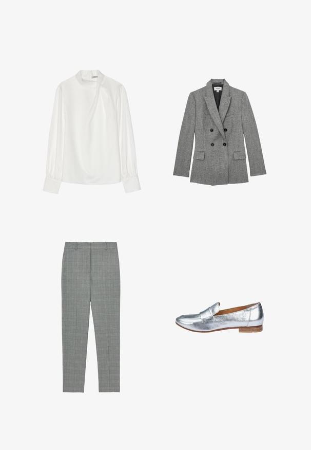Grijze geruite dubbelgeknoopte blazer met inzette revers, zwarte knopen, klepzakken en zwarte binnenvoering, maat medium.; Witte blouse met een hoge halslijn, lange pofmouwen en een ritssluiting aan de achterkant. Glad stof met een lichte glans en subtiele val.; Grijze geruite tapered broeken met riemlussen en een platte voorkant, ontworpen voor een getailleerde pasvorm.; Zilveren metallic instapper met een gladde textuur, ronde neus en minimale stiksels. Beschikt over een lage, gestapelde hak en een zachte binnenvoering.