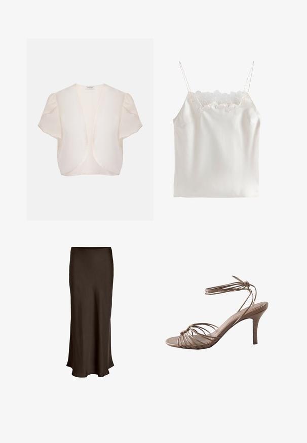 Cremefarvet bolerojakke med korte ærmer, åben foran og let puffede skuldre på almindelig baggrund.; Hvid satin camisole med tynde stropper og blomsterblonde langs den firkantede udskæring.; VILA VIELLETTE HW MIDI SKIRT - NOOS - A-snit nederdel - coffee bean; Brune høje hæle sandal med stropper omkring anklen og tynde stropper over tåen og hælen, vist på en hvid baggrund.