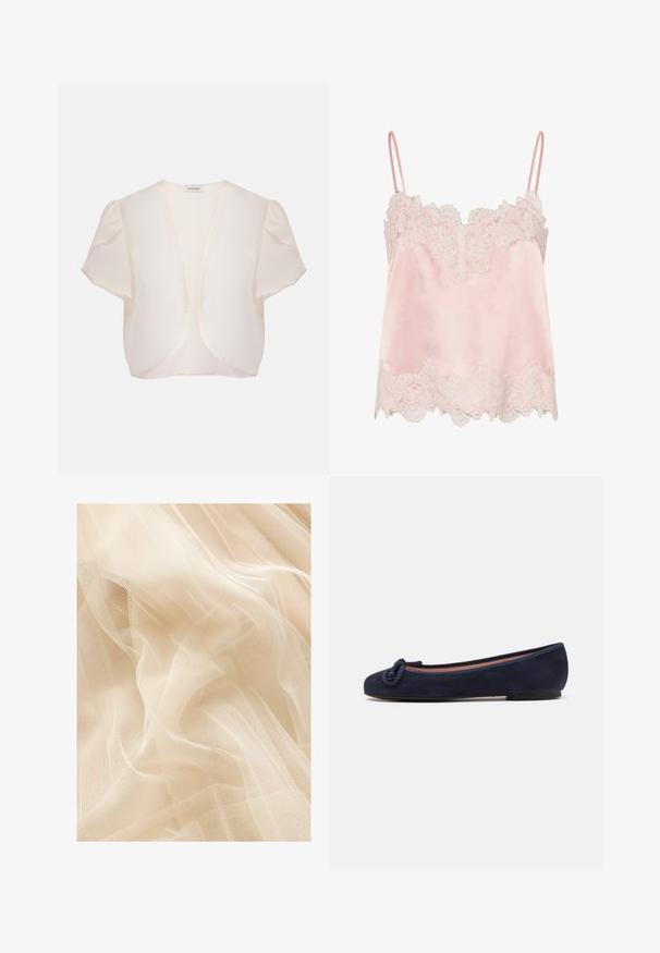 Chaqueta bolero crema de manga corta con frente abierto y hombros ligeramente abombados sobre fondo liso.; Camisola de satén rosa claro con ribete de encaje blanco a lo largo del escote y el dobladillo, con tirantes finos y ajustables.; Tela de tul color beige claro con una textura suave y transparente, que presenta un tejido de malla fina que crea suaves ondas y pliegues.; Bailarina de ante azul marino con punta redondeada y un acento anudado en la punta. Suela baja y flexible para mayor comodidad. Diseño simple y aerodinámico.