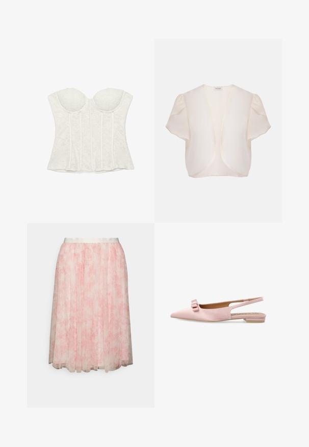 Boléro crème à manches courtes avec devant ouvert et épaules légèrement bouffantes sur fond uni.; Bustier blanc sans bretelles en dentelle avec bonnets moulés et baleinage vertical.; Needle & Thread EXCLUSIVE FLEUR SKIRT - Jupe trapèze - moonshine pink; Chaussure slingback plate rose clair pointue avec un petit talon et un double nœud décoratif sur le bout.