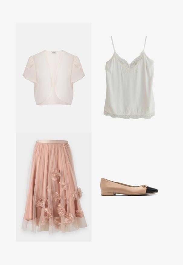 Chaqueta bolero crema de manga corta con frente abierto y hombros ligeramente abombados sobre fondo liso.; Camisola sin mangas blanca con tirantes finos y adorno de encaje en el escote y el dobladillo, hecha de tela suave.; Falda de tul en rosa suave con cinturilla de satén. Cuenta con tela transparente en capas y apliques florales tridimensionales por toda la prenda.; Bailarina de cuero beige con puntera negra y pequeño lazo en la parte delantera, con un tacón bajo para mayor comodidad.