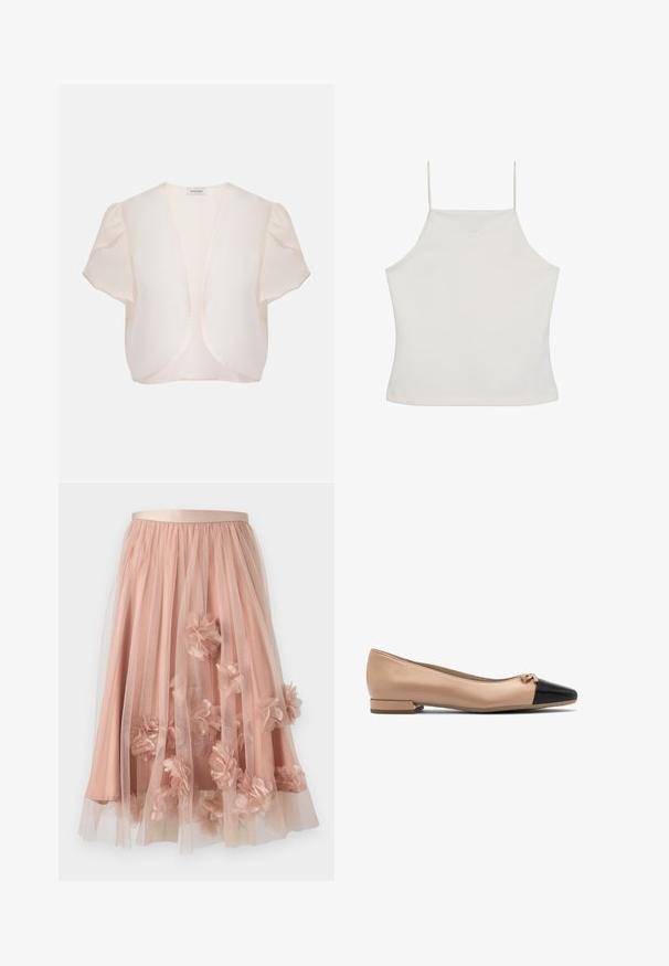 Chaqueta bolero crema de manga corta con frente abierto y hombros ligeramente abombados sobre fondo liso.; Top corto blanco sin mangas con tirantes finos y el logo sutil "cK" bordado en el pecho, fondo liso.; Falda de tul en rosa suave con cinturilla de satén. Cuenta con tela transparente en capas y apliques florales tridimensionales por toda la prenda.; Bailarina de cuero beige con puntera negra y pequeño lazo en la parte delantera, con un tacón bajo para mayor comodidad.