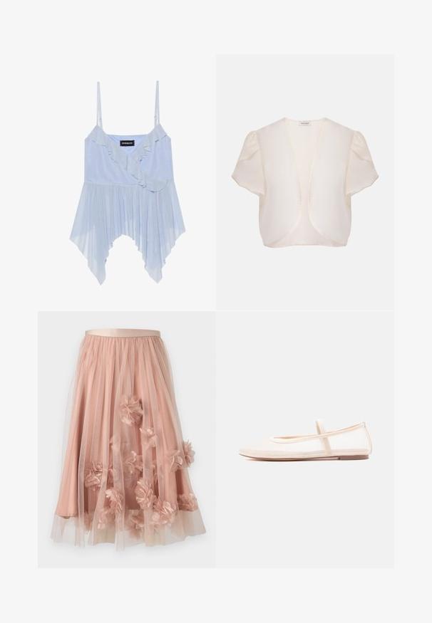 Crèmekleurige bolerojas met korte mouwen, open voorkant en licht opgepofte schouders op een effen achtergrond.; Even&Odd by Zalando Top - sky blue; Tule rok in zachtroze met een satijnen tailleband. Voorzien van gelaagde doorschijnende stof en driedimensionale bloemapplicaties verspreid over het geheel.; Ballerina's met een doorschijnend beige mesh bovenwerk en een satijnen bandje, voorzien van een ronde neus en een lage bruine zool. Lichtgewicht en flexibel ontwerp.