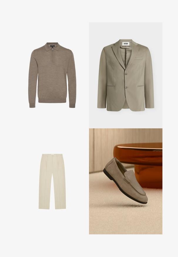 Beige herreblazer med to knapper, hakrevers og tre forlommer, vist på en ensfarvet baggrund.; Lysebrunt pullover med lynlåskrave, lange ærmer og en blød struktur, lavet af fint strikket materiale.; Beige bukser med lige ben, forreste læg, sidelommer, bæltestropper og knaplukning i taljen.; Lysebrun mokkasinsko i ruskind med sort sål, hvilende på en beige tæppe foran et reflekterende brunt rundt bord mod en trævæg.
