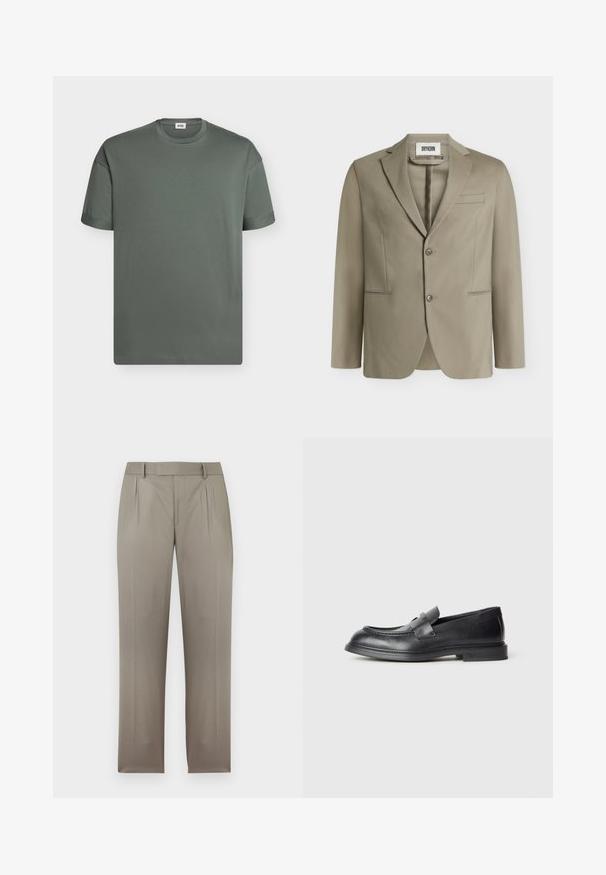 Blazer beige pour homme avec deux boutons, revers crantés et trois poches avant, présenté sur un fond uni.; T-shirt uni à manches courtes et col rond en gris foncé avec une petite étiquette de marque à l'intérieur du col.; Pantalon sur mesure marron clair avec passants de ceinture, plis avant et jambes droites, présenté sur fond blanc.; Mocassins en cuir noir avec une finition texturée, dotés d'une bride décorative à l'avant et d'un bout arrondi. Semelle en caoutchouc pour plus de durabilité.
