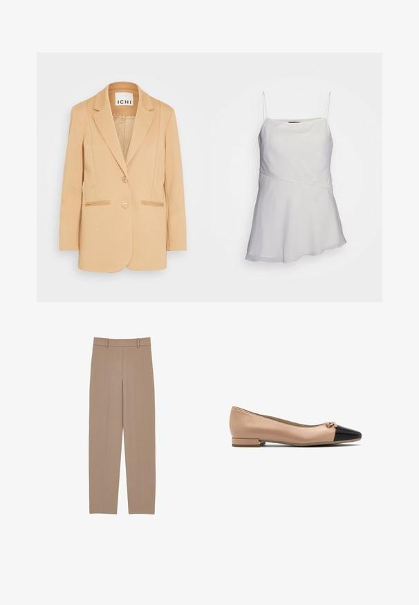 Beiger Damenblazer mit zwei Knöpfen, Revers mit Kerbkragen und Leistentaschen, präsentiert auf weißem Hintergrund.; Weißes, ärmelloses Top mit dünnen Trägern, lockerer Passform und asymmetrischem Design. Hergestellt aus einem glatten, leichten Stoff.; Beige maßgeschneiderte Hose mit geradem Schnitt, ausgestattet mit einem gefalteten Vorderteil, Gürtelschlaufen und dezenten Nähdetails. Glattes, leichtes Material.; Beige Leder Ballerinas mit einer schwarzen Kappe und einer kleinen Schleifendetail an der Vorderseite, ausgestattet mit einem niedrigen Blockabsatz für zusätzlichen Halt.