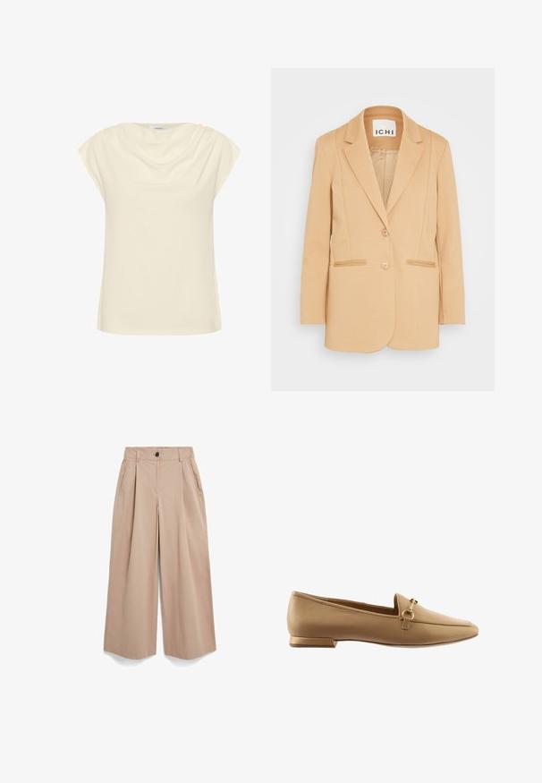 Blazer beige pour femme avec deux boutons, revers crantés et poches passepoilées, présenté sur un fond blanc uni.; Haut crème avec une coupe ample, manches courtes roulées et décolleté drapé. Tissu doux et lisse avec un éclat subtil.; Pantalon beige à jambes larges avec plis, poches latérales, passants pour ceinture et fermeture par bouton à la taille, présenté sur un fond blanc.; Mocassins en cuir beige avec un talon plat, dotés d'un accent de sangle et d'un anneau en métal décoratif, texture lisse et design à bout arrondi.