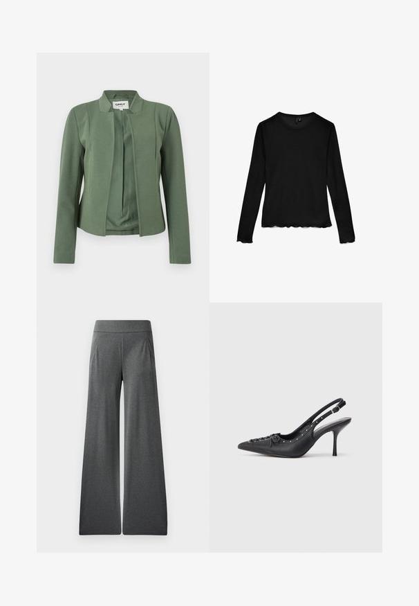 Oliven grøn kravefri blazer med lange ærmer, strukturerede syninger og åben front fra mærket ONLY.; Sort langærmet T-shirt med rund hals og bølgede kanter på ærmer og kant, lagt fladt på en hvid baggrund.; Grå vide bukser med flad talje, folder foran og en glat tekstur, designet til komfort og bevægelsesfrihed.; Sorte læder slingback stiletto med spids tå, side spændebånd, nitter langs kanten og dekorativ snøring foran.