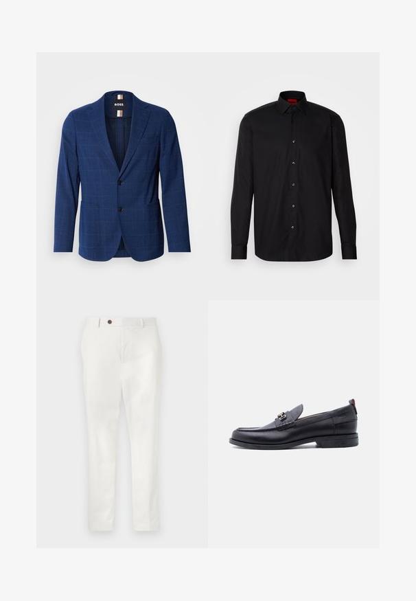 Marineblå blazer med et ternet mønster, lavet af struktureret stof, med en to-knaps front, notched revers og to sidelommer.; Sort langermet skjorte lavet af glat stof, med en klassisk krave, knaplukning foran og skræddersyet pasform.; Hvide bukser lavet af letvægtsstof, med lige ben, en enkelt brun knap i taljen og minimalistisk stil.; Sort lædermokasin med grå tekstureret forfod, sølvfarvet metalspænde, lav hæl og trækflap bagpå.