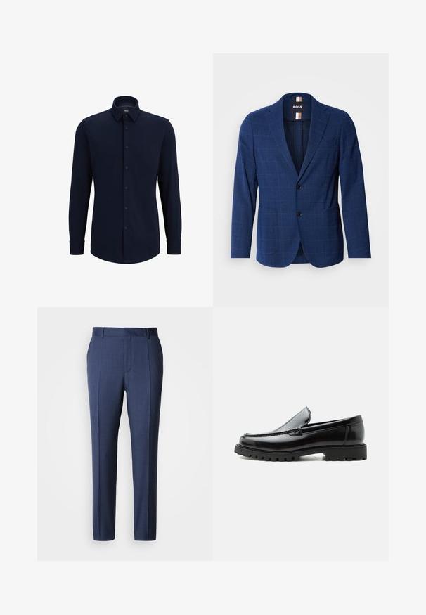 Marineblå blazer med et ternet mønster, lavet af struktureret stof, med en to-knaps front, notched revers og to sidelommer.; Marineblå langærmet skjorte med knapper lavet af vævet stof, med klassisk krave, lige pasform og frontlukning med knapper.; Marineblå skræddersyede bukser lavet af glat stof, med flad front, bæltestropper og pressede folder for et rent udseende.; Sort læderloafer med chunky gummisål, syet overdel og præget mærkenavn på hælen, vist i sideprofil på hvid baggrund.
