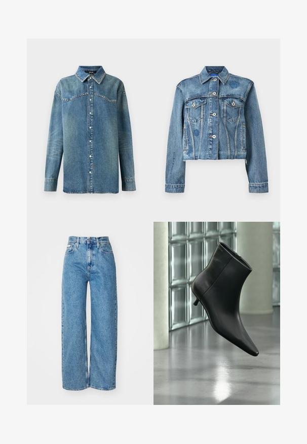 Denim truckerjack in lichtblauw met twee borstzakken, zilveren knopen en bloemenborduurdetails op de linkerschouder. Verkorte design.; Blauwe denim overhemd met lange mouwen, drukknoopsluiting, puntige kraag en strass-details langs de schouderpas en kraagranden.; Lichtblauwe denim wijde jeans met hoge taille, rafelrand en vijf zakken. De verslete textuur voegt diepte toe aan de stof.; Zwarte leren enkellaars met spits toelopende neus en lage kittenhak, schuin weergegeven tegen een gepolijste vloer en een glazen blokken muur als achtergrond.