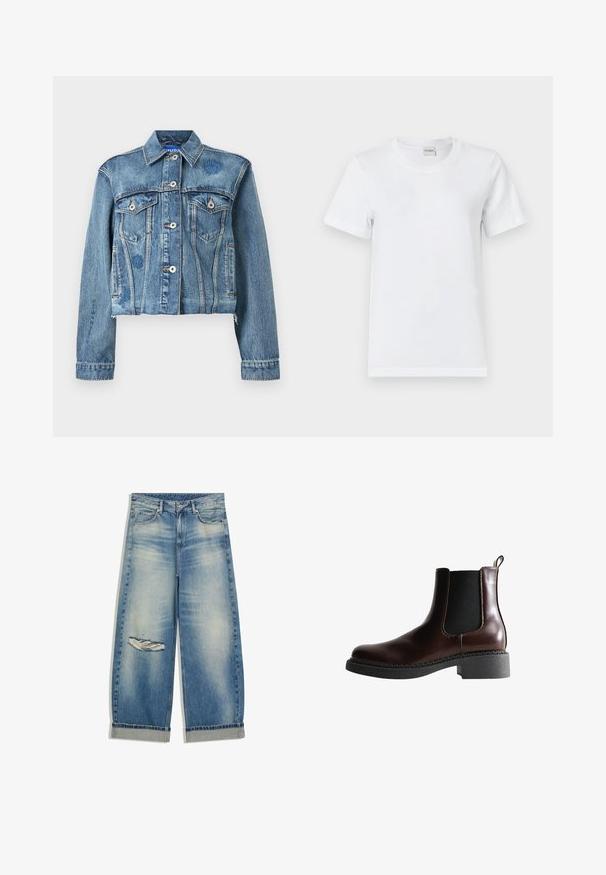 Veste en jean type trucker bleu clair avec deux poches poitrine, boutons argentés et broderie florale sur l'épaule gauche. Design court.; T-shirt en coton blanc avec un col rond, des manches courtes, un ourlet droit et une texture lisse. Sans motifs ni accessoires supplémentaires.; Jean bleu clair à jambes larges avec revers pliés et déchirure usée sur la cuisse gauche, comprenant des poches avant et des passants pour ceinture.; Bottine en cuir marron avec des panneaux élastiques sur les côtés, bout rond et semelle en caoutchouc noir texturé. Comprend des coutures contrastées et une languette.