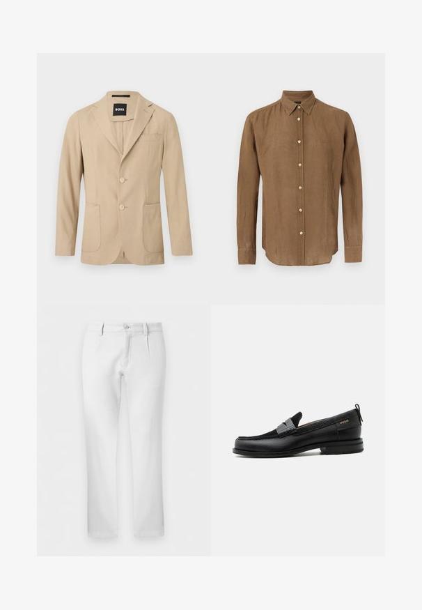 Blazer beige pour homme avec deux boutons, col cranté, poches plaquées, poche poitrine et étiquette BOSS à l'intérieur du col.; Chemise marron à manches longues avec col, boutons blancs et logo subtil sur le côté gauche de la poitrine, présentée sur un fond blanc.; Pantalon blanc droit avec passants pour ceinture, fermeture par bouton et plis avant sur fond uni.; Mocassin en cuir noir avec détail de bride grise, talon bas et semelle texturée, marqué "HUGO" en or sur le côté.