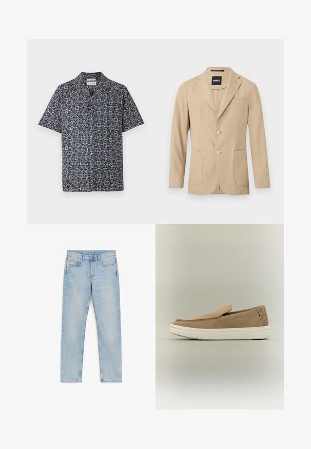 Beige herreblazer med to knapper, hakrevers, påsyede lommer, brystlomme og BOSS-mærke inde i kraven.; Kortærmet skjorte i marineblå med et hvidt abstrakt mønster, featuring knaplukning foran og krave. Blødt stof med en afslappet pasform.; Lyseblå jeans med lige ben, fem lommer, bæltestropper og knaplukning, lagt fladt på en hvid baggrund.; Beige ruskind slip-on sneaker med hvid gummisål, perforeret hælpanel og lille rød, hvid og blå flagdetalje på siden.