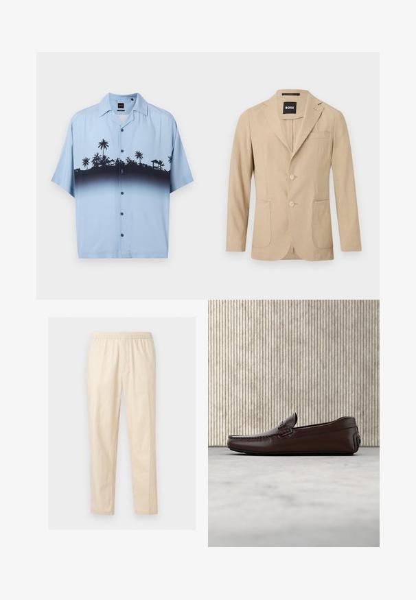 Blazer beige pour homme avec deux boutons, col cranté, poches plaquées, poche poitrine et étiquette BOSS à l'intérieur du col.; Chemise à manches courtes boutonnée bleu clair avec des silhouettes noires de palmiers et de huttes sur la poitrine et le haut du torse.; Pantalon beige clair droit avec taille élastique, sans poches visibles ni ornements, présenté sur fond blanc.; Mocassins en cuir marron avec une finition lisse, des coutures de style mocassin, un bout rehaussé et une semelle en caoutchouc basse et flexible.
