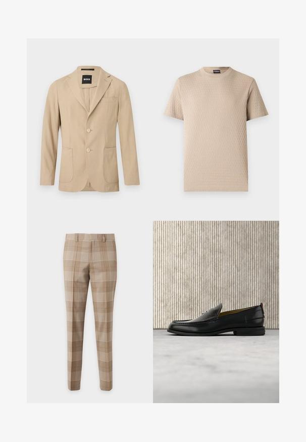 Blazer beige pour homme avec deux boutons, col cranté, poches plaquées, poche poitrine et étiquette BOSS à l'intérieur du col.; T-shirt beige à manches courtes en coton côtelé avec un col rond et un motif texturé vertical subtil.; Pantalon beige slim-fit avec un grand motif à carreaux dans des tons beige clair et blanc, avec passants de ceinture et plis à l'avant.; Mocassin pour homme en cuir noir avec un dessus embossé effet croco et un petit talon, présenté de profil sur un fond neutre.