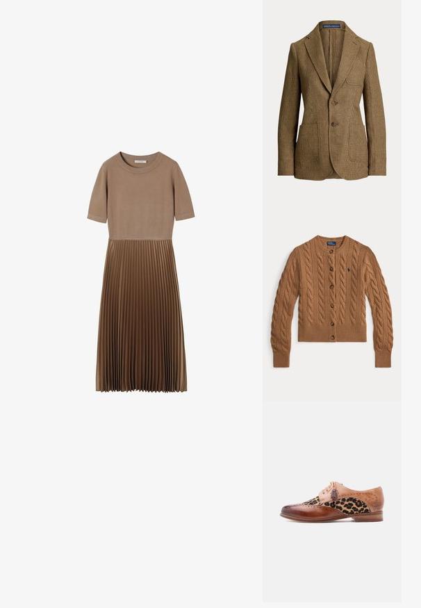 Hnedé kárované sako s výstrihovými klopami, dvoma prednými gombíkmi, tromi vreckami a štítkom Polo by Ralph Lauren vo vnútri goliera.; Hnedý sveter na zapínanie s vrkočovým vzorom, s okrúhlym výstrihom, dlhými rukávmi, rebrovanými manžetami a lemom, a malým vyšívaným logom na hrudi.; Hnedé plisované šaty s hladkým vrchom, krátkymi rukávmi a okrúhlym výstrihom. Majú definovaný pás a textúrované plisovanie na sukni.; Hnedá kožená spoločenská obuv s leopardím vzorom na textilnom panely, zdobená brogue detailmi, s resničkami na šnúrkach a nízkym dreveným podpätkom.