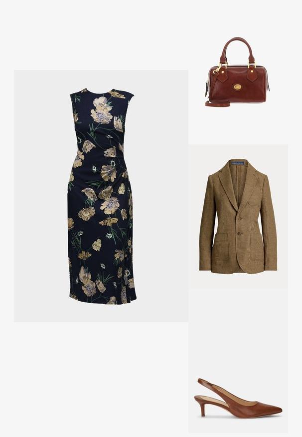 Bruine geruite blazer met ingezakte revers, twee knopen aan de voorkant, drie zakken en een Polo by Ralph Lauren label aan de binnenkant van de kraag.; Mouwloze, aangesloten midi-jurk in donkerblauw met een geel-groene bloemenprint, zijsplitdetail en ronde hals.; Bruine leren damesslingback met puntige neus en lage kittenhak op witte achtergrond.; The Bridge STODO - Handtas - marrone oro