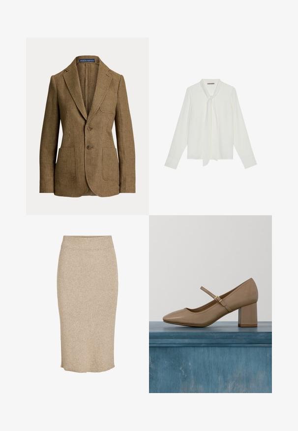 Blazer marrón de cuadros con solapas con muesca, dos botones delanteros, tres bolsillos y una etiqueta Polo by Ralph Lauren dentro del cuello.; Blusa blanca de manga larga hecha de tela suave, con un lazo en el cuello y puños entallados. Diseño simple y clásico, sin patrones.; Falda de punto en color beige claro con textura de canalé vertical, de longitud a la rodilla, con cintura elástica y corte recto.; Zapato de salón de cuero beige con tacón ancho, punta redonda y una correa decorativa con una hebilla dorada. Textura suave, diseño minimalista.