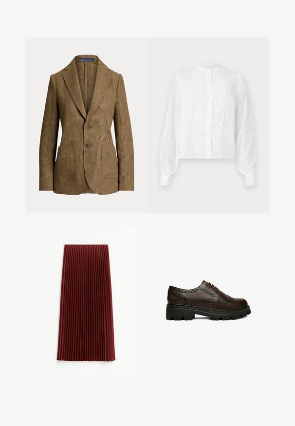 Blazer marrón de cuadros con solapas con muesca, dos botones delanteros, tres bolsillos y una etiqueta Polo by Ralph Lauren dentro del cuello.; Blusa blanca de manga larga con collar redondo, presenta un panel central de encaje y cierre frontal de botones, y mangas fruncidas en los puños.; Falda midi plisada en rojo profundo, con un tejido texturizado y pliegues verticales uniformemente espaciados. El dobladillo llega aproximadamente a la mitad de la pantorrilla.; Zapato brogue de cuero marrón oscuro con detalles perforados y suela gruesa negra con dibujo, visto de lado sobre fondo blanco.