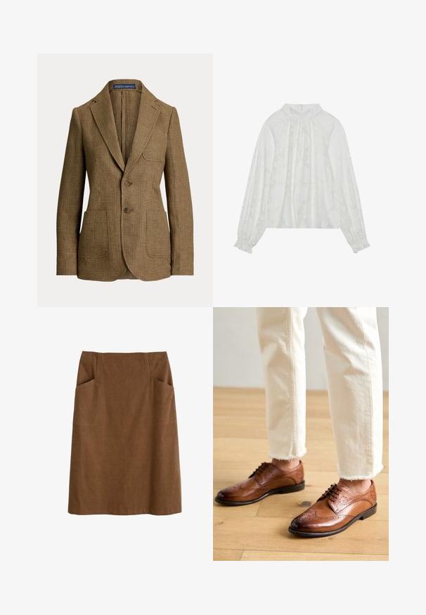 Pruun ruuduline jakk sälgudega, kahe eesmise nupu, kolme tasku ja Polo by Ralph Lauren sildiga krae sees.; Valge pikkade varrukatega pluus, millel on tekstuuriga lilleline muster, kogutud kaelus ja elastsed mansetid. Pehme, kerge kangas.; Prunkorraline puuvillane seelik, millel on sobiv vöökoht, kaks küljetaskut ja sirge lõige. Kanga tekstuur on pehme ja kerge läikega.; Pruunid nahast brogue- kingad, millel on aukudega detailid, ümmargune varvas ja sile viimistlus, koos koorevärvi killustatud äärtega pükstega.