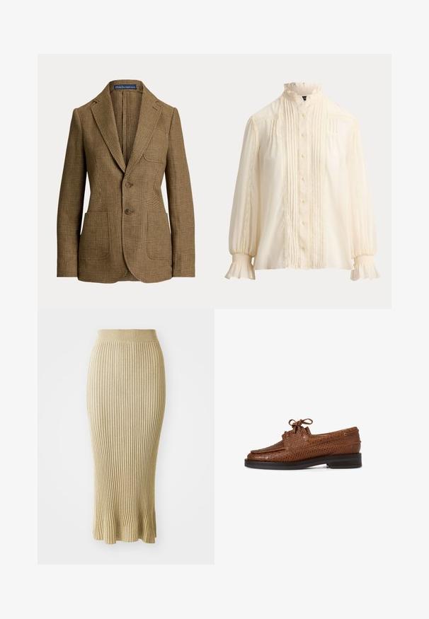 Brun ternet blazer med kløftede revers, to forreste knapper, tre lommer og en Polo by Ralph Lauren label inde i kraven.; Langærmet bluse i cremefarve med flæsekant ved krave og manchetter, knaplukning foran, lodrette folder og blondekantdetaljer.; Strikket blyantskirt i lys beige, med lodrette ribber, en tætsiddende talje og en udvidende kant med diskrete detaljer forneden.; Brune læder herresko med snørebånd, tekstureret slangeskinds mønster og mørk sål, vist i profil på hvid baggrund.