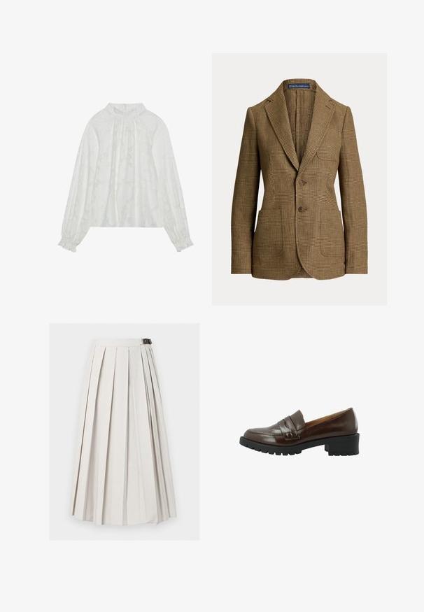 Brown plaid blazer with notched lapels, two front buttons, three pockets, and a Polo by Ralph Lauren label inside the collar.; White long-sleeve blouse, featuring a textured floral pattern, gathered neckline, and elastic cuffs. Soft, lightweight fabric.; Long white pleated skirt with a side buckle closure, displayed flat against a white background.; Brown leather loafer with a textured finish, featuring a prominent strap across the vamp, sturdy black rubber sole, and low block heel.