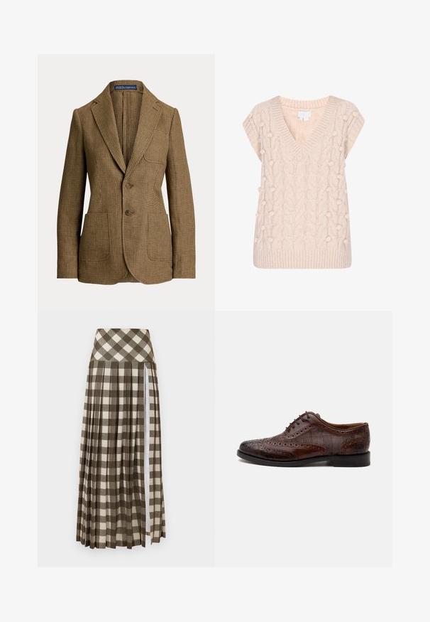 Brauner kariertes Sakko mit notched Revers, zwei vorderen Knöpfen, drei Taschen und einem Polo by Ralph Lauren Etikett innen im Kragen.; Cremefarbener gestrickter ärmelloser Pullover mit V-Ausschnitt, Zopfmuster und erhabenen Noppen-Details vorne und an den Seiten.; Langer, plissierter Rock mit einem braun-beigen karierter Muster. Hoch geschnittenes Design mit einem Seitenschlitz und weichem Stoffgefühl.; Brauner Herren-Wingtip-Lederschuh mit Brogue-Details und karierten Stoff-Seitenteilen, von der Seite auf weißem Hintergrund dargestellt.