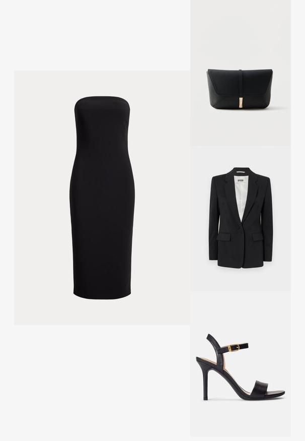 DRYKORN ATLIN - Blazer - black; Schwarzes trägerloses Midikleid mit figurbetonter Silhouette, geradem Ausschnitt und glattem Stoff, vor schlichtem hellem Hintergrund dargestellt.; Schwarze Sandalen mit hohen Absätzen und glattem Leder-Obermaterial, offene Zehenpartie und einem Design mit einem einzigen Riemen, verziert mit einer goldenen Schnalle.; Schwarze strukturierte Leder-Clutch mit einer Vorderklappe, die durch einen dünnen Riemen und einen goldenen rechteckigen Verschluss gesichert ist.