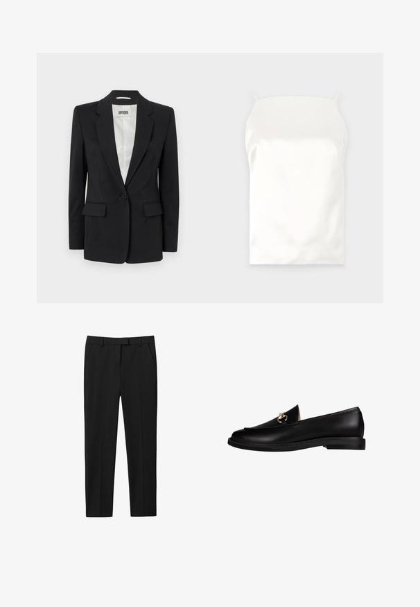 DRYKORN ATLIN - Blazer - black; Hvid satin cami med tynde stropper, glat tekstur, rektangulær form og ingen synlige mønstre eller accenter.; Sorte bukser med skræddersyet design, flad front, to sidelommer og lige benudskæring. Fremstillet af glat stof med en subtil glans.; Sorte læder loafers med en glat overflade, med en guldfarvet hardware detalje på vampen og en lav, flad sål.