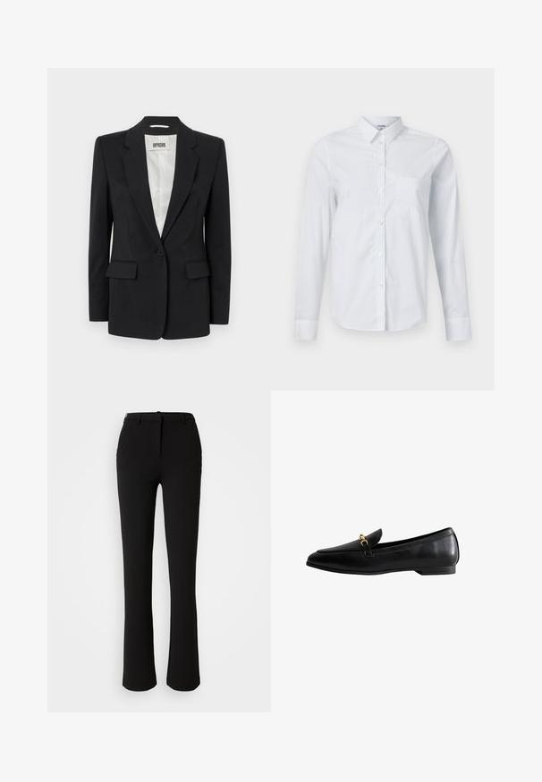 DRYKORN ATLIN - Blazer - black; Camisa blanca de manga larga hecha de algodón, con cuello, cierre frontal abotonado y un solo bolsillo en el pecho. Textura suave. Sin estampados.; Pantalones negros confeccionados en una tela suave, con un diseño de pierna recta, bolsillos frontales y una cintura estándar con un pasador para cinturón.; Mocasín de cuero negro con punta afilada, que presenta un detalle de cierre en tono dorado. El zapato tiene un tacón bajo y una textura suave.