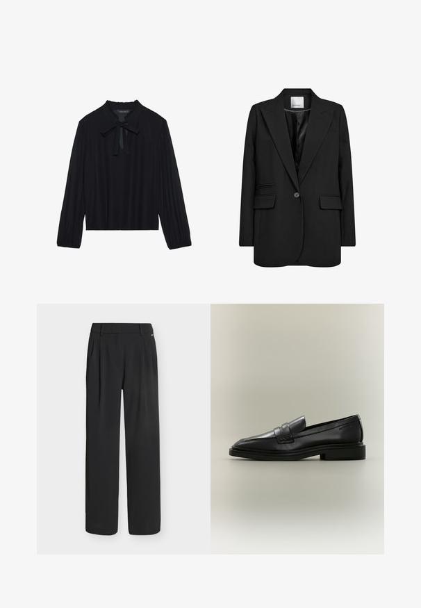 Blazer noir à un bouton avec revers crantés, deux poches à rabat, une poche poitrine et doublure intérieure en satin.; Haut noir à manches longues, col volanté et nœud papillon au niveau du col. Tissu doux et lisse avec une coupe décontractée et des poignets froncés.; Pantalon noir taille haute à jambes larges avec passants de ceinture et plis devant, présenté sur un fond blanc uni.; Mocassin penny en cuir noir avec petit talon, bout arrondi et détails cousus sur fond neutre.