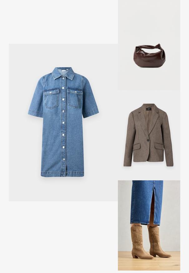 Brun skræddersyet blazer med en enkelt sort knap, venetiansk krave, to frontlommer med klap og lange ærmer, præsenteret på en hvid baggrund.; Denim skjortekjole, lyseblå farve, korte ærmer, knaplukning foran, to brystlommer, lige snit og let flaret kant.; Tan western-stil støvler med dekorativ syning, spids tå og stakket hæl. Båret med en denimnederdel i knæ længde, der afslører støvlerne.; Mørkebrun læder skuldertaske med en blød, afslappet form og et snoet knudehåndtag på en ensartet hvid baggrund.