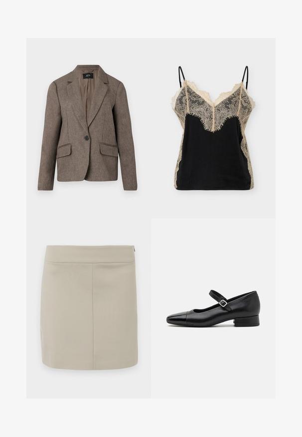 Brun skræddersyet blazer med en enkelt sort knap, venetiansk krave, to frontlommer med klap og lange ærmer, præsenteret på en hvid baggrund.; Sort satin camisole med beige blomsterblonde på buste, sider og justerbare tynde skulderstropper.; Beige miniskirt lavet af glat stof, med en lige skæring, enkelt design og en skjult lynlås i siden.; Sorte læder Mary Jane-sko med en patenttå, justerbar ankelrem og lav blokhæl. Glat tekstur og strømlinet design.