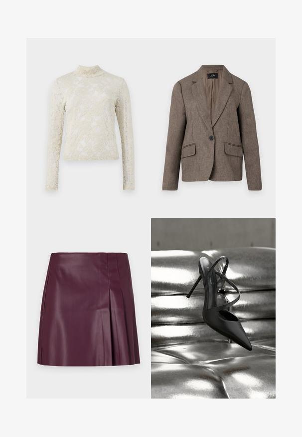 Brun skræddersyet blazer med en enkelt sort knap, venetiansk krave, to frontlommer med klap og lange ærmer, præsenteret på en hvid baggrund.; Cremefarvet blonde top med høj hals, lange ærmer og blomsterdesign, med en tætsiddende silhuet og struktureret overflade.; ONLY ONLARTZY Short - Mini skirts - mauve wine; Sort spids tå stilet hæl med krydsede stropper, hvilende på en skinnende sølvfarvet polstret læderoverflade.