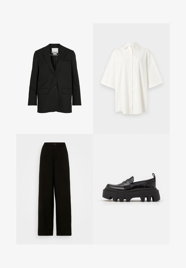 Sort skræddersyet blazer med hakkede revers, to knapper, klaplommer og en brystlomme med slids, mærket "ROUGE EDIT" inde i kraven.; Hvid kortærmet skjorte med knapper, krave, lige kant og løs pasform på en ensfarvet lys baggrund.; Sorte brede bukser lavet af glat stof, med en knaplukning i livet og en skræddersyet silhuet uden synlige mønstre.; Sorte læder loafers med en kraftig sort gummisål, der har skridsikre riller og et dekorativt bånd over forsiden.