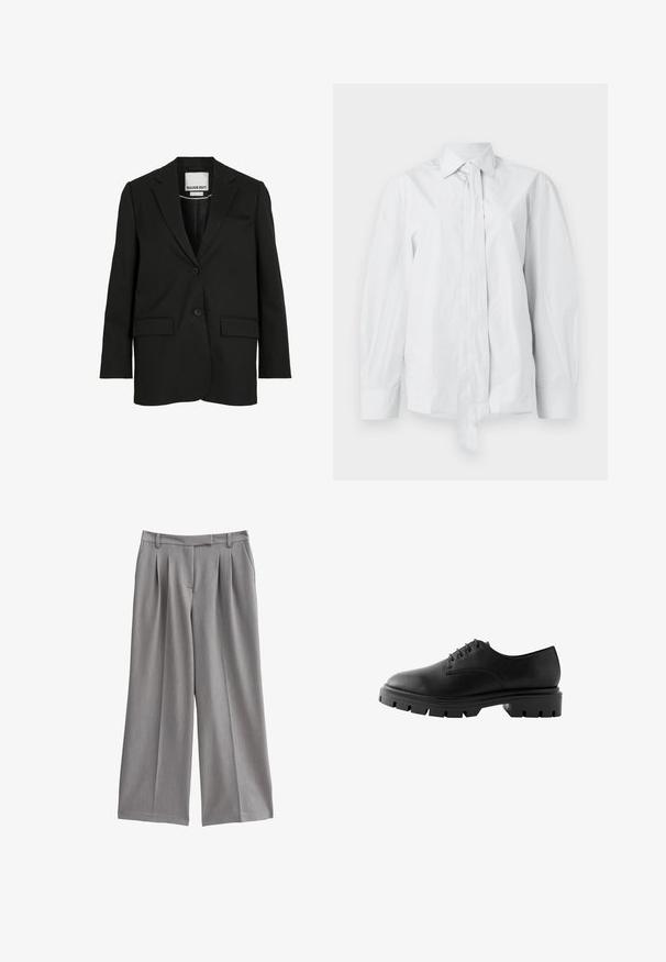 Zwarte op maat gemaakte blazer met inkeping revers, twee knopen, klepzakken en een borstzakje, aan de binnenkant van de kraag gelabeld met "ROUGE EDIT".; Wit, lang mouwshirt met een klassieke kraag en een verlengde voorknoop. Gemaakt van een gladde stof, met een ontspannen pasvorm en zonder patronen.; Grijze wijde pantalon met een geplooid front, gemaakt van een gladde stof. Heeft een platte tailleband met riemlussen en zijzakken.; Zwarte leren schoen met een ronde neus, zes veterogen, platte veters en een stevige rubberen zool met diepe profielpatronen.