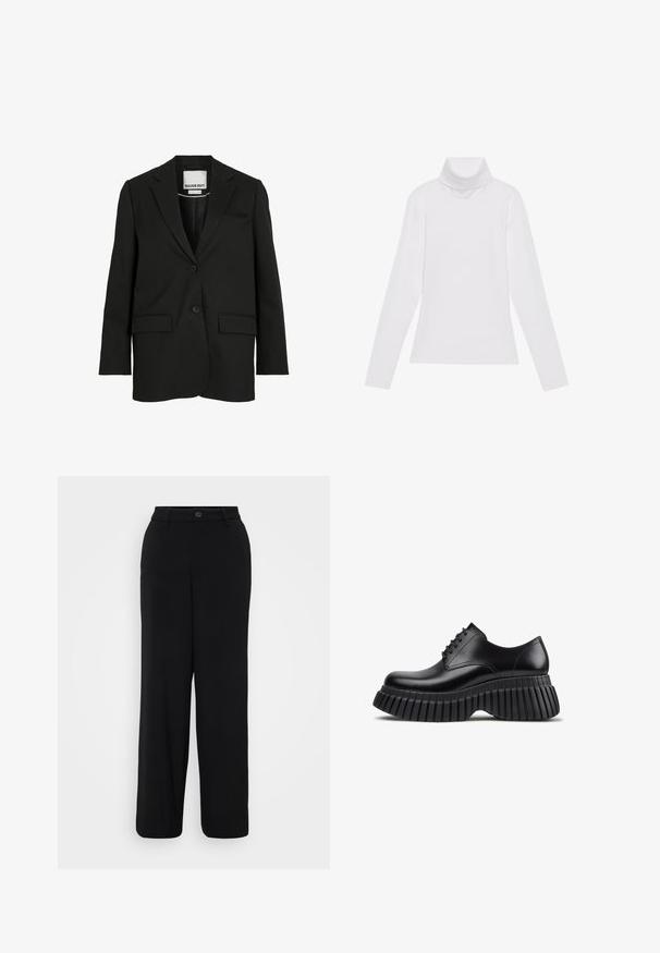 Blazer negro a medida con solapas con muesca, dos botones, bolsillos con solapa y un bolsillo de ojal en el pecho, con la etiqueta "ROUGE EDIT" en el interior del cuello.; Top blanco de manga larga y cuello alto, confeccionado en una tela suave y elástica. Presenta un diseño ajustado, sin patrones o adornos visibles.; Pantalones de pierna ancha negros hechos de una tela suave. Presenta una cintura con cierre de botón y detalles de pliegue en la parte delantera.; Zapato negro de cuero con cordones y suela gruesa y estriada exagerada, visto de perfil sobre fondo blanco.