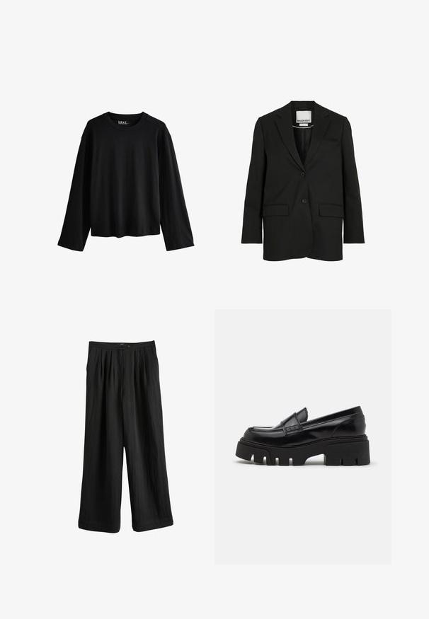 Blazer negro a medida con solapas con muesca, dos botones, bolsillos con solapa y un bolsillo de ojal en el pecho, con la etiqueta "ROUGE EDIT" en el interior del cuello.; Camiseta negra de algodón con mangas largas y cuello redondo, corte relajado y etiqueta de la marca visible en el interior en la parte trasera del cuello.; Pantalones negros de corte holgado con acabado texturizado, piernas anchas y cintura alta con dos botones.; Mocasines de cuero negro con una suela de plataforma gruesa y texturizada, y una correa decorativa en la parte superior. Acabado liso y brillante.