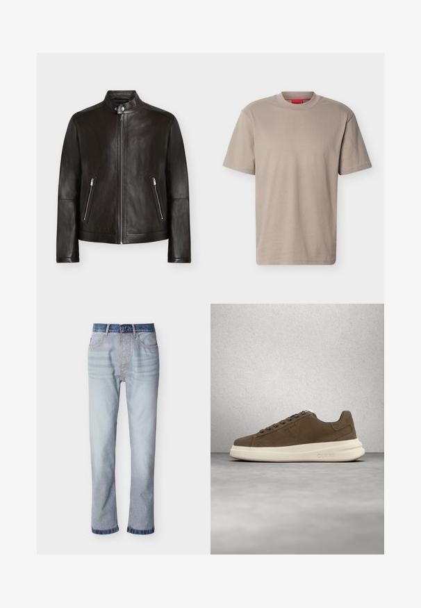 Sort læderjakke med ståkrave, lynlås foran, trykknapdetalje og to lodrette lynlåslommer på en lys baggrund.; Beige T-shirt med korte ærmer og rund hals med diskret præget "HUGO" logo på brystet og rød label inde i halsudskæringen.; Lyseblå denimjeans med mørkeblå linning, design med lige ben, fem lommer og synlige syningsdetaljer.; Brune ruskinds sneakers med en cremet gummisål, flade snørebånd og et logo på siden. Letvægtsdesign og glat tekstur.