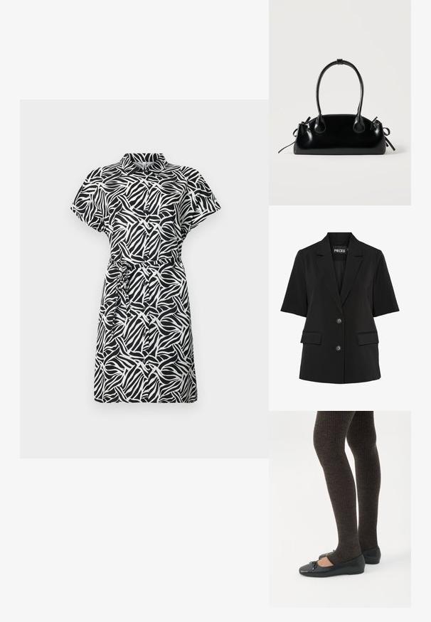 Pieces PCTEMPRE - Bleiseri - black; Lyhythihainen mekko mustavalkoisella abstraktilla aalto-kuvioinnilla, kaulus, nappikiinnitys edessä ja vyö säätöystävällistä istuvuutta varten. Silkkinen kangas.; Jalat, joissa tummat ribbineuleiset leggingsit yhdistettynä mustiin balettitossuihin, joissa on pienet rusettikoristeet valkoisella taustalla.; Pieni musta kiiltävä käsilaukku, jossa on kaksi pitkää kantokahvaa ja sivulla nyöritys yksityiskohtia yksinkertaisella vaalealla taustalla.