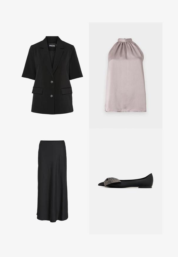 Pieces PCTEMPRE - Blazer - black; Halternektop zonder mouwen in licht mauve satijn met geplooide details bij de halslijn en een gladde, licht reflecterende textuur.; Zwarte maxi rok gemaakt van glad, lichtgewicht stof. Heeft een eenvoudige A-lijn silhouet met een licht uitlopende zoom en geen zichtbare sluitingen.; Puntige zwarte ballerina van gladde stof, met een decoratieve zwarte en zilveren kralenaccent op de strik aan de voorkant.