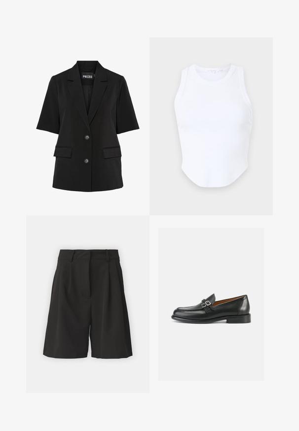 Pieces PCTEMPRE - Blazer - black; Good American MICRO TANK - Top - white; Zwarte shorts met een op maat gemaakte ontwerping, voorzien van plooien aan de voorkant, een brede tailleband en een soepele textuur. Geen zichtbare zakken.; Zwarte leren loafers met een gestikt ontwerp, voorzien van een dubbele gespsluiting en een licht verhoogde hak voor extra lengte.