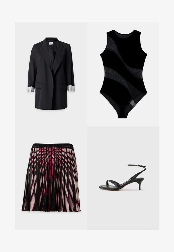 Long blazer noir avec revers crantés, deux poches avant à rabats et poignets blancs avec des rayures verticales noires retournés.; Bodysuit noir au design sans manches, doté de panneaux en maille texturée et d'un corps en velours lisse. Il a un col rond et une fermeture à pressions.; Jupe plissée noire avec des motifs géométriques roses et blancs audacieux créant un effet de rayon de soleil, avec une ceinture noire.; Sandale pour femme en cuir noir avec fines lanières, une boucle d'orteil, une boucle à la cheville et un talon aiguille de hauteur moyenne sur un fond neutre.