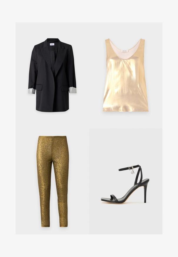 Zwarte lange blazer met ingesneden revers, twee voorzakken met kleppen en witte manchetten met zwarte verticale strepen omgeslagen.; Metalen gouden mouwloze top met een diepe ronde halslijn. Gladde textuur, aansluitend ontwerp en een zachte binnenvoering.; Gouden metallic legging met een getextureerd, verticaal streep patroon. De stof heeft een glanzende afwerking en een slanke, aansluitende pasvorm.; Zwarte sandaal met hoge hak, smalle enkelband, vierkante neus, soepel leermateriaal en metalen gespsluiting.